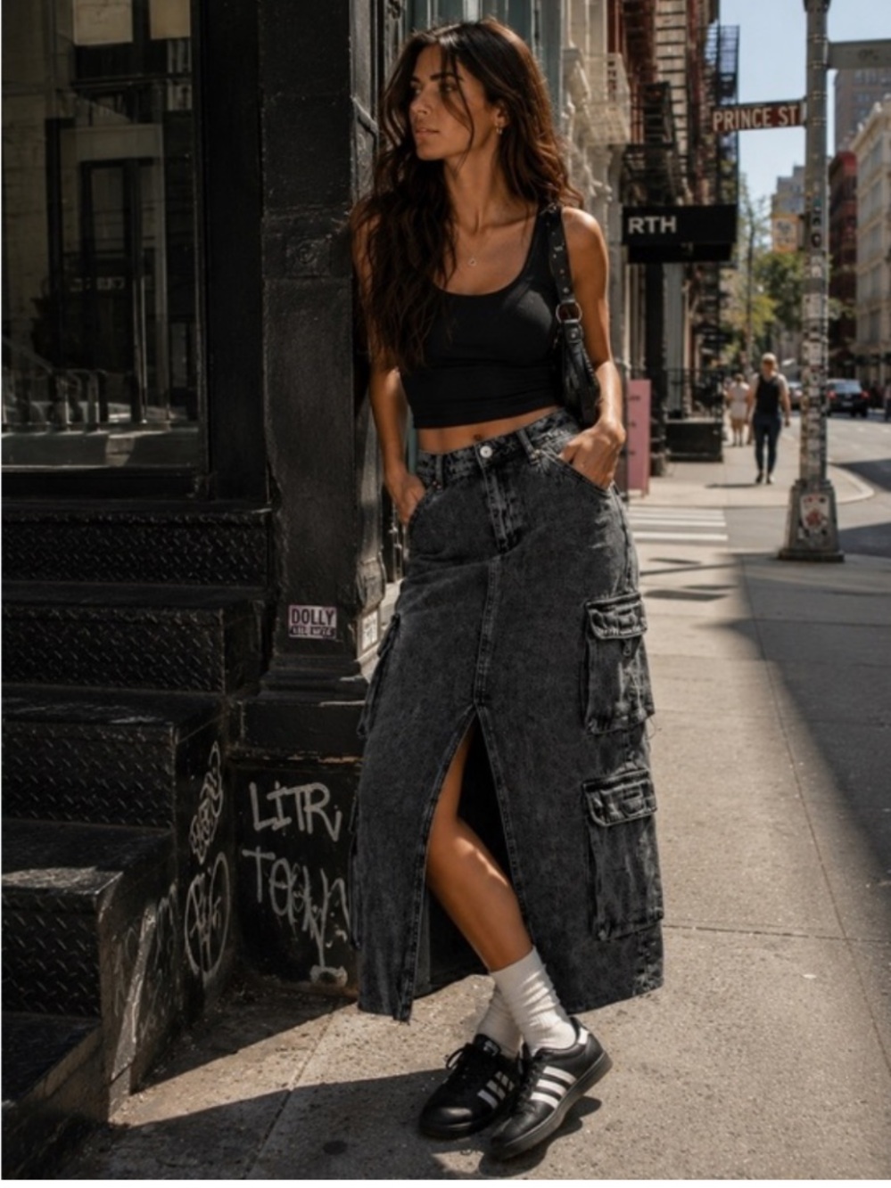 Kroix Black Washed Cargo Maxi Skirt with Front Slit Size XL